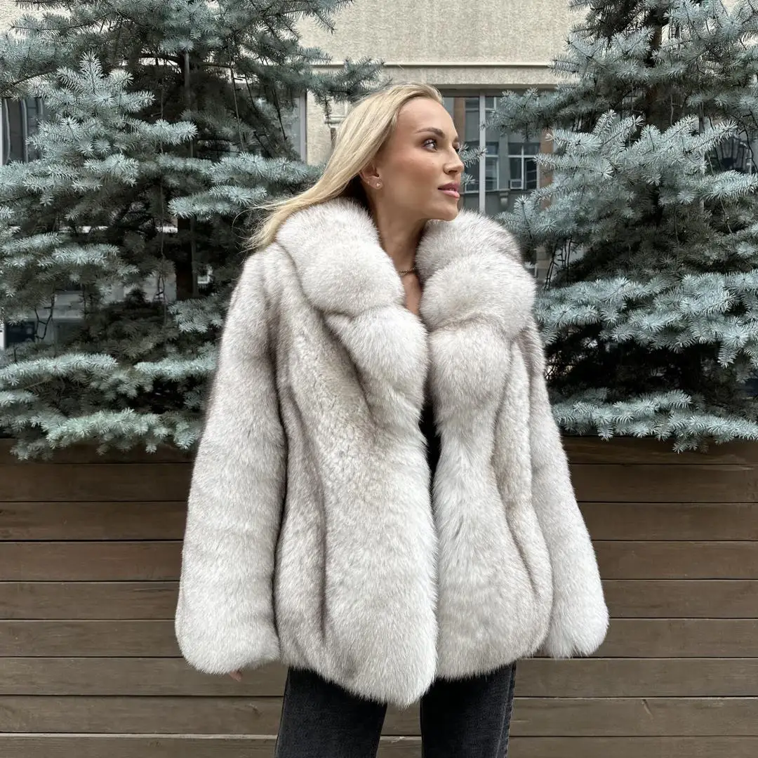 

Fashion Women Real Red Fox Fur Coat Turn-down Collar Thick Warm Winter Fur Overcoat Luxury Full Pelt Genuine Fox Fur Coat Female