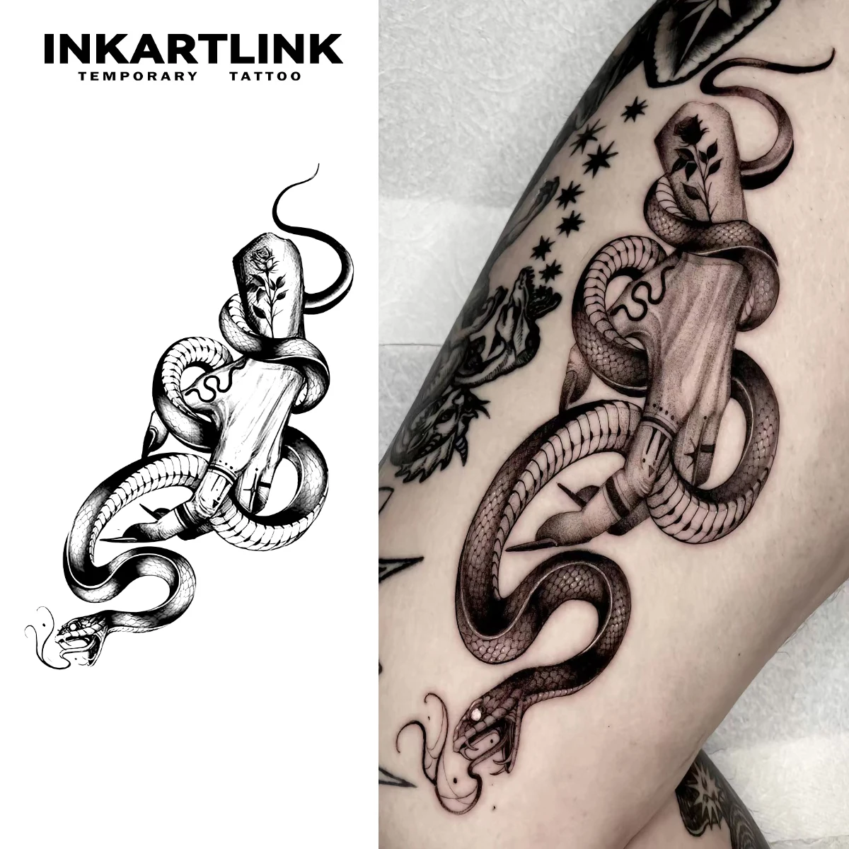 Hand with snake temporary tattoo sticker, waterproof magic tattoo, lasts to 15 days fake tattoo, semi permanent tattoo