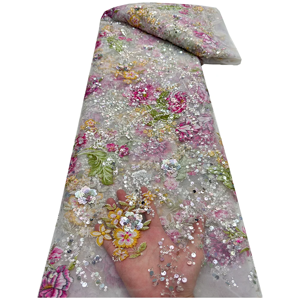 

2026 High Quality African Tulle Mesh Lace Fabric Exquisite Sequins Beaded Luxury Lace Fabric For Bridal Wedding Party Dresses