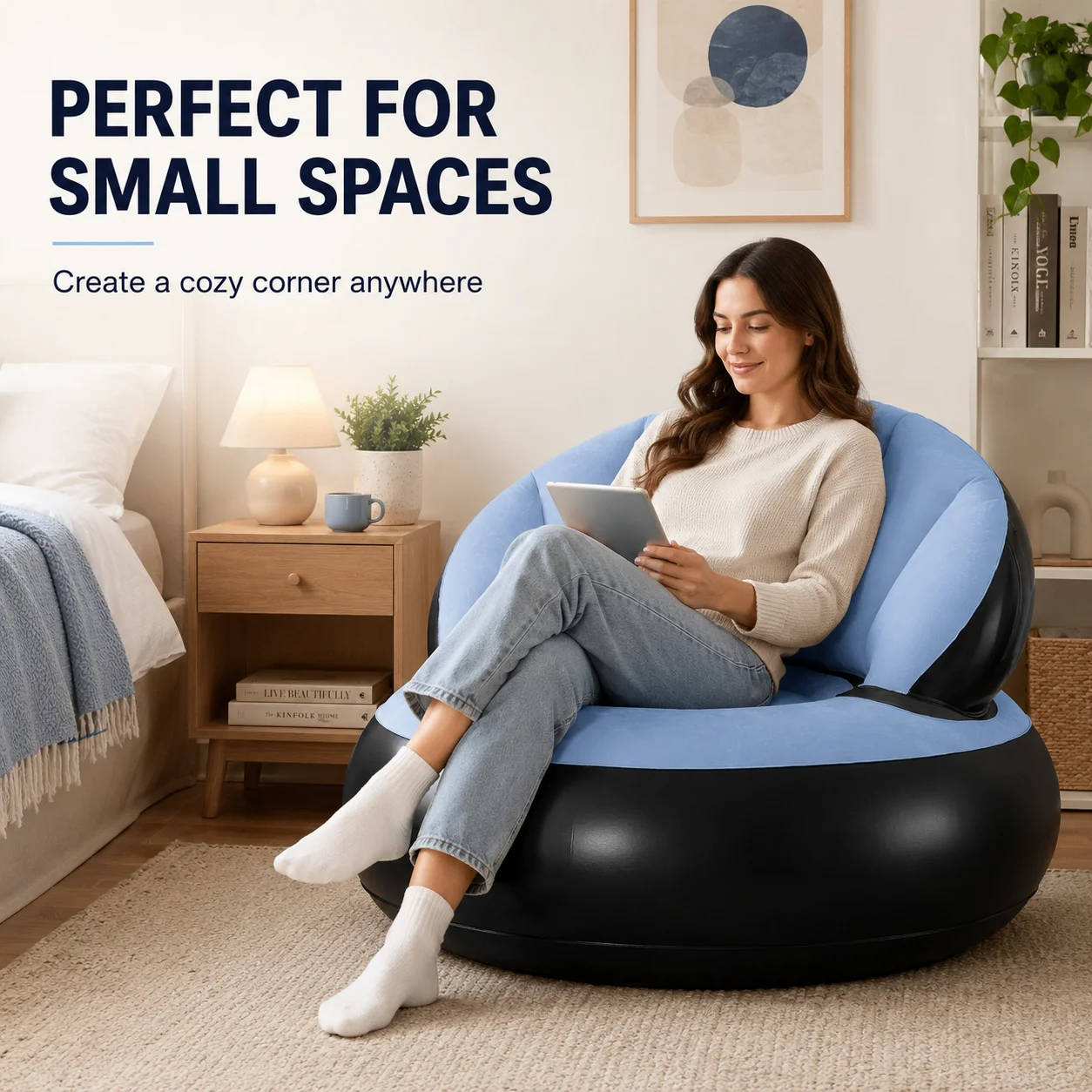 1PC Inflatable Lounge Chair, Air Sofa Rocking Bean Bag Recliner, Flocked Velvet PVC, Quick Inflate Portable Indoor Outdoor Chair