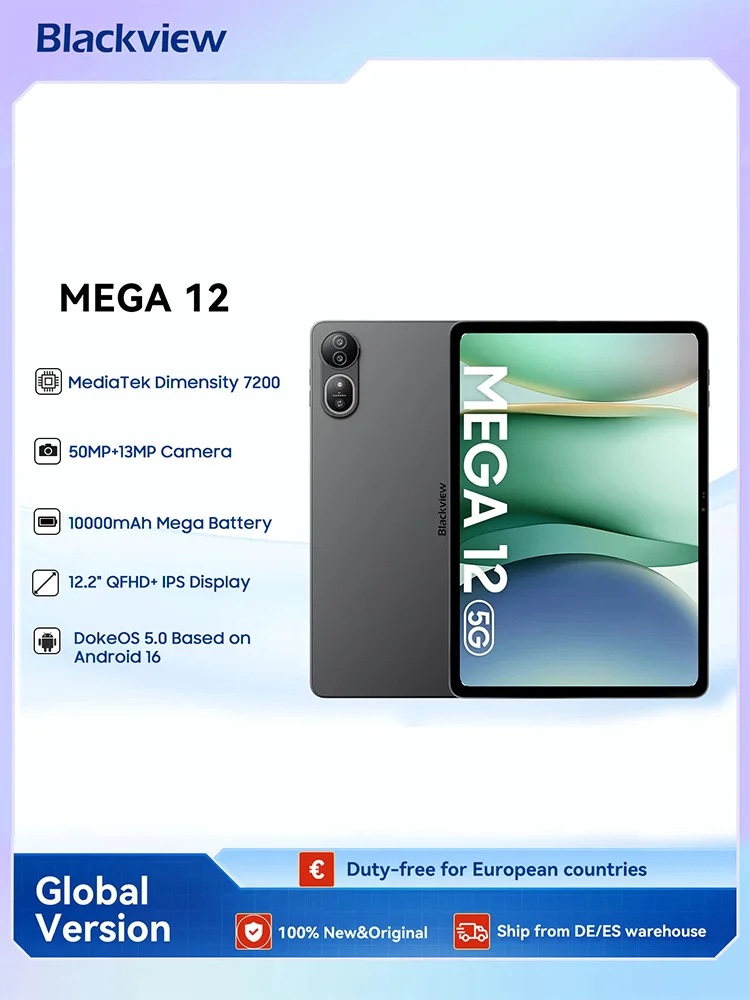 Blackview MEGA 12 Tablet Android 16, Dimensity 7200 5G Pad 12,2 Zoll 2,4K 120Hz Display IP69K Wasserdicht 50MP 10000mAh Pad-PC