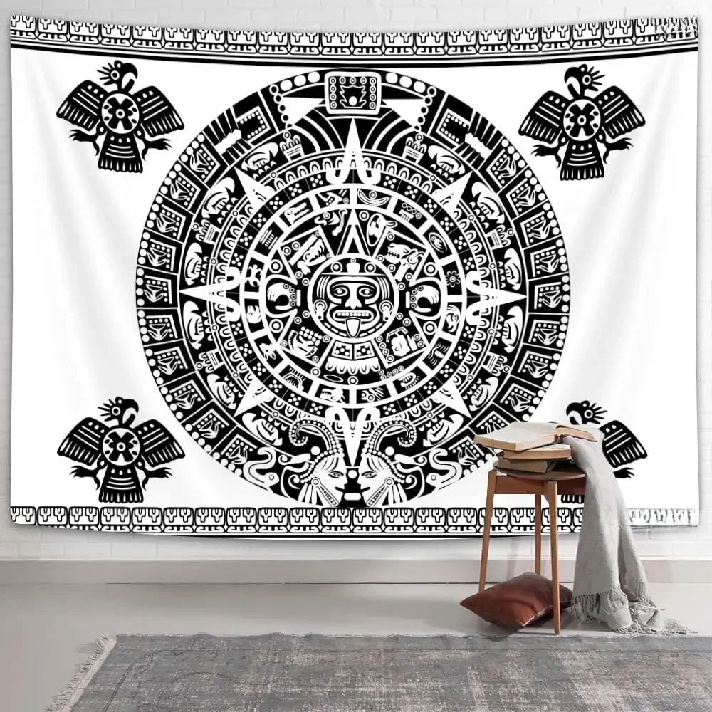 Kalendarz Azteków Gobelin Czarno-Biały Vintage Znak Majów Starożytne Słowa Wiszące Na Ścianę Do Sypialni Salon Dorm Home Decor — zdjęcie 2