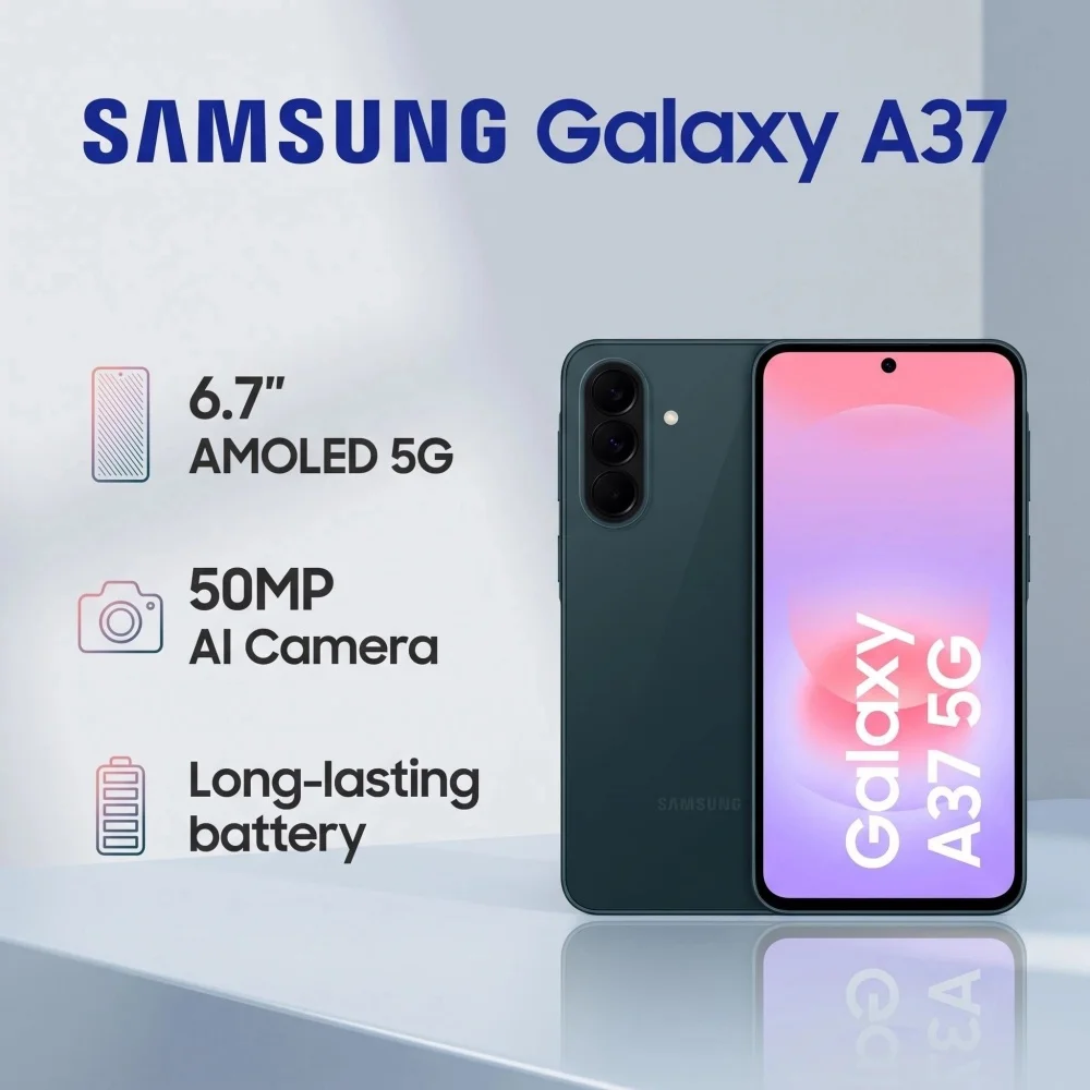 Version mondiale du Samsung Galaxy A37, �cran Super AMOLED de 6,7 pouces, batterie de 5000 mAh, charge rapide de 45 W, fonctions d?IA, smartphone Android 5G, chargeur inclus.