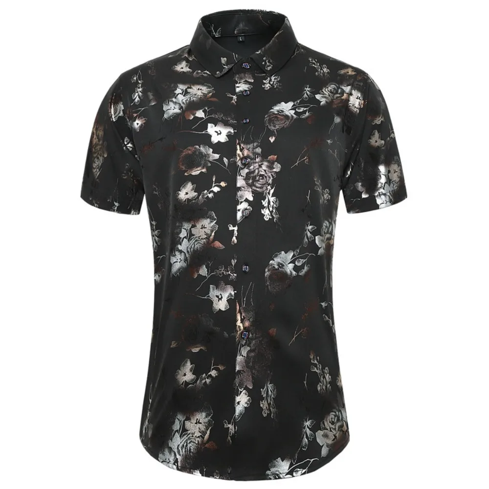 قميص رجالي بأكمام قصيرة وطبعة زهور - كاجوال بأزرار بيضاء مع نمط وردي للصيف