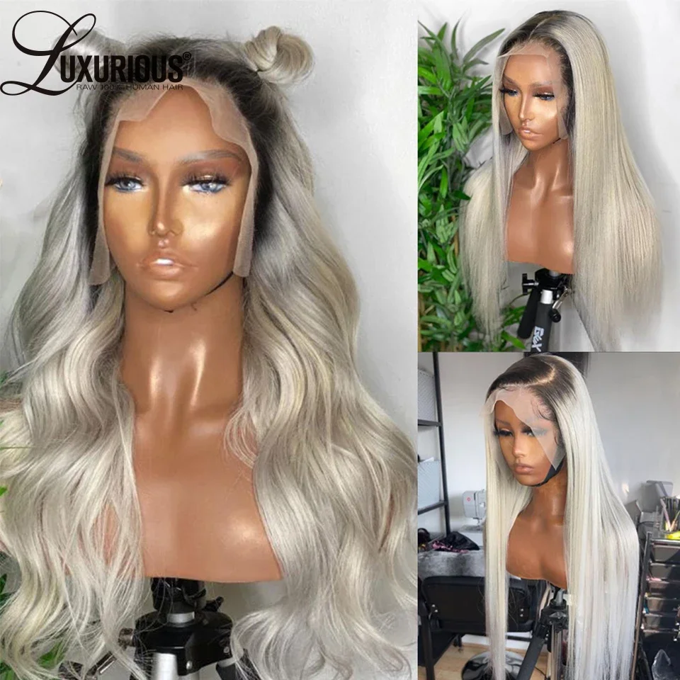 

30 Inches Ash Blonde Straight Lace Front Wigs For Women Human Hair Grey White Wig Transparent HD Lace Frontal Wig Brazilian Hair