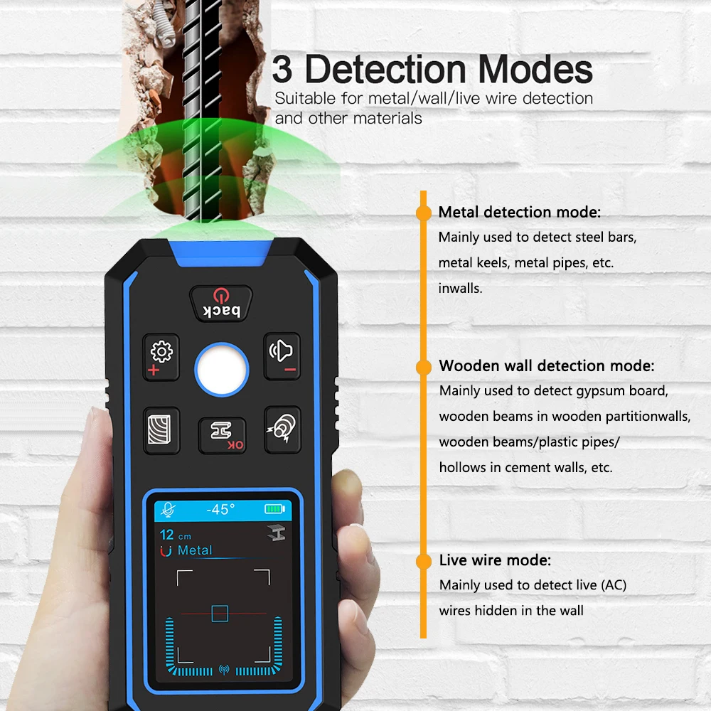 Imagem -05 - Ponbos Detector de Metais Profissional Lcd hd Digital ac Madeira Stud Finder Scanner de Parede Fios de Cabo Rastreador de Profundidade Subterrâneo Nf518