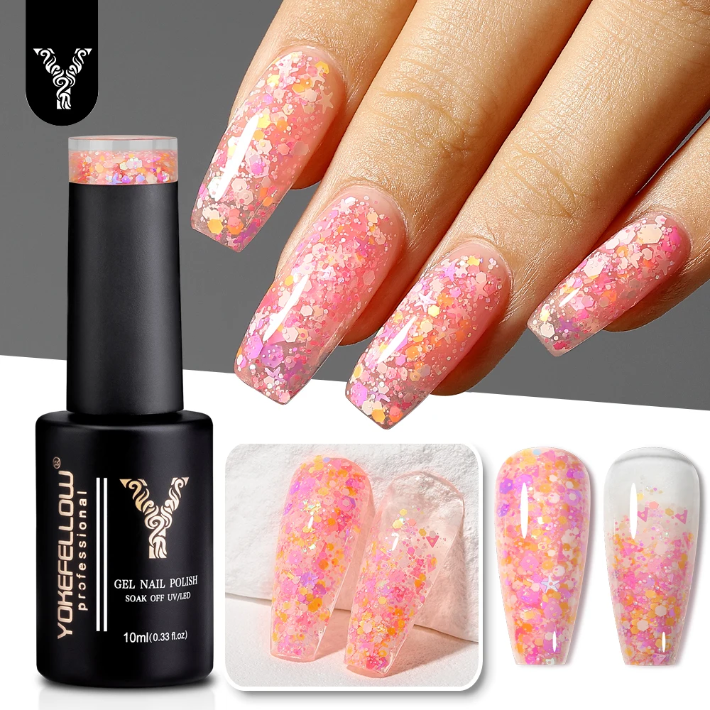 

YOKEFELLOW 10ml Glitter Gel Nail Polish Candy Pink Sparkly Shiny Glitter Sequins Soak Off UV Gel Varnish Colorful DIY Nail Art