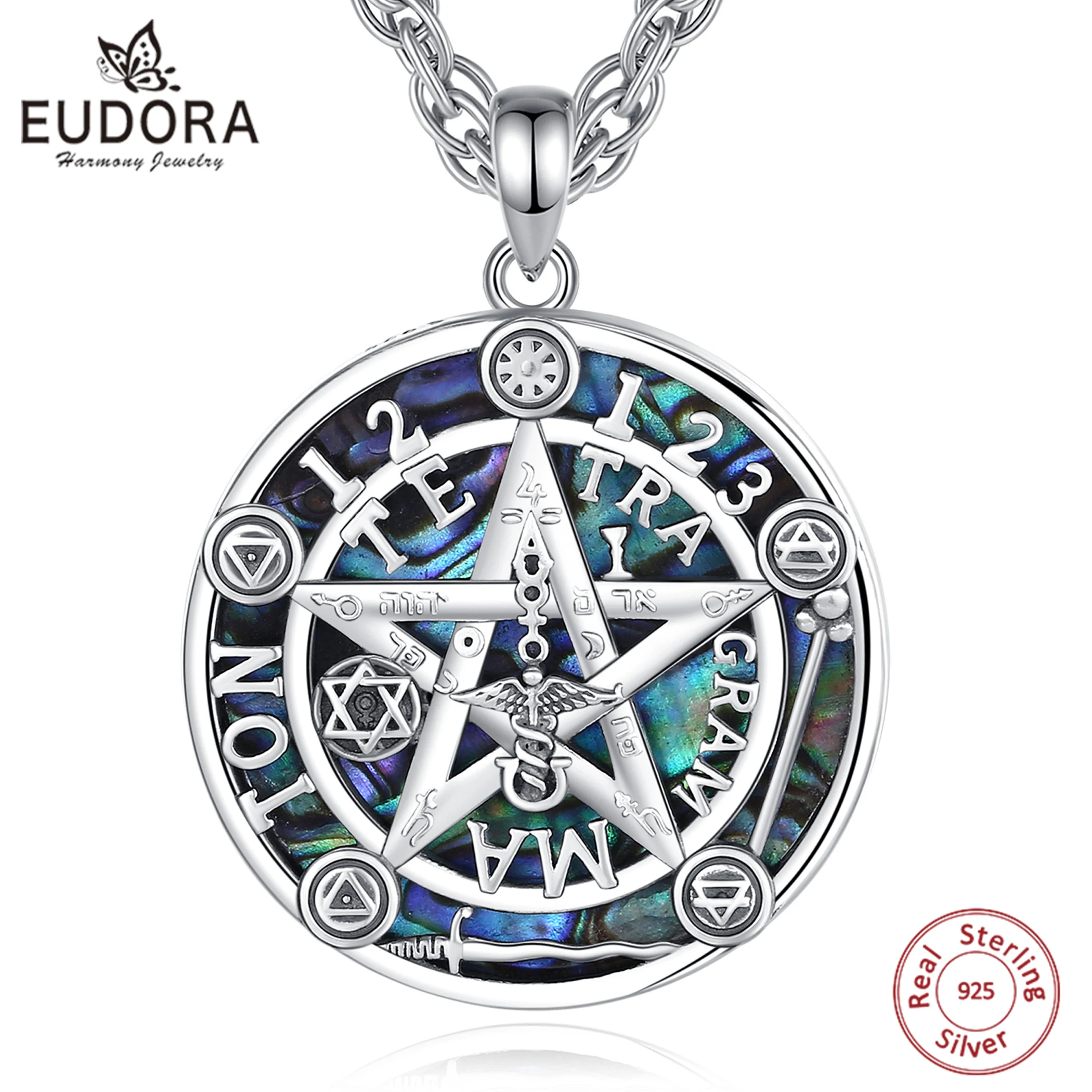 

Eudora 925 Sterling Silver Pentagram Necklace Natural Abalone Guardian Star Tetragrammaton Pendant Wicca Pagan Jewelry Men Gift