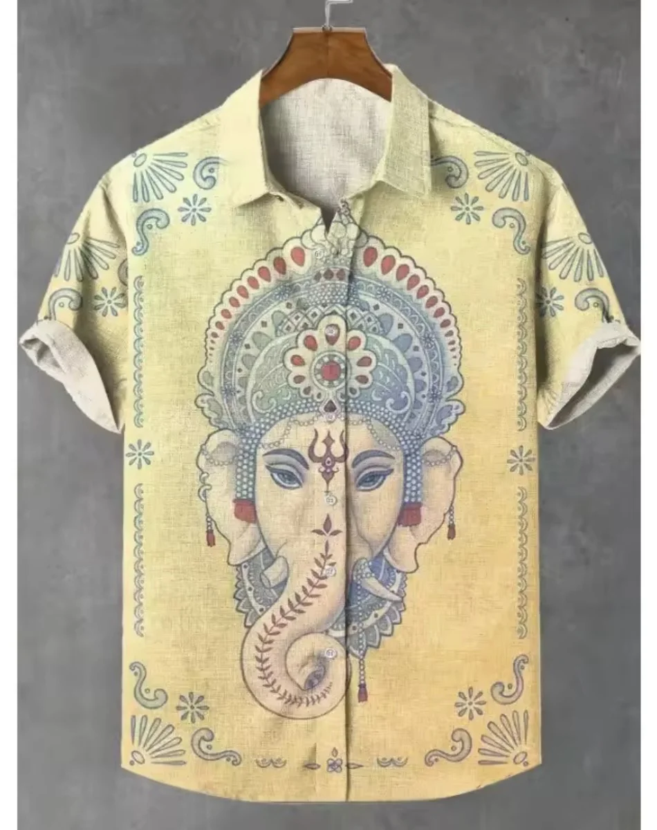 새로운 레트로 남자 민족 코끼리 패턴 인쇄 옷깃 셔츠, 패션 캐주얼 반소매 리넨 빠른 배송