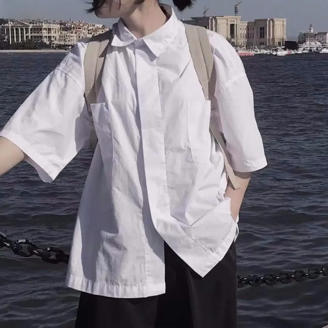 Koszule Damskie Letnie Białe Krótki Rękaw Podstawowy Codzienny Koreański Styl Ulzzang Solidne Luźne Popularne Bf Topy Japońskie Gorąca Wyprzedaż Odzież — zdjęcie 2