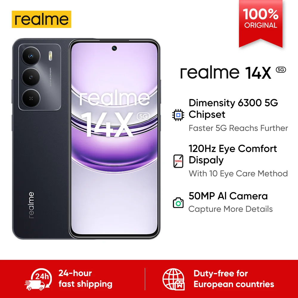 Smartphone Android Realme 14X 5G 8 Go 256 Go Version Globale Dimensity 6300 6000 mAh 6,67'' 120 Hz OLED 50 MP NFC IP64