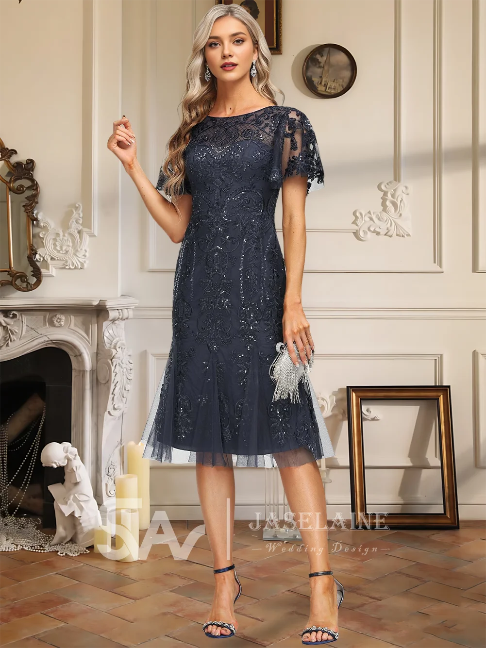 Evening Dress Women's Trumpet Mermaid Scoop Knee-Length Tulle Lace Sequined Short Sleeve Summer Formal Prom Wedding Party Dress