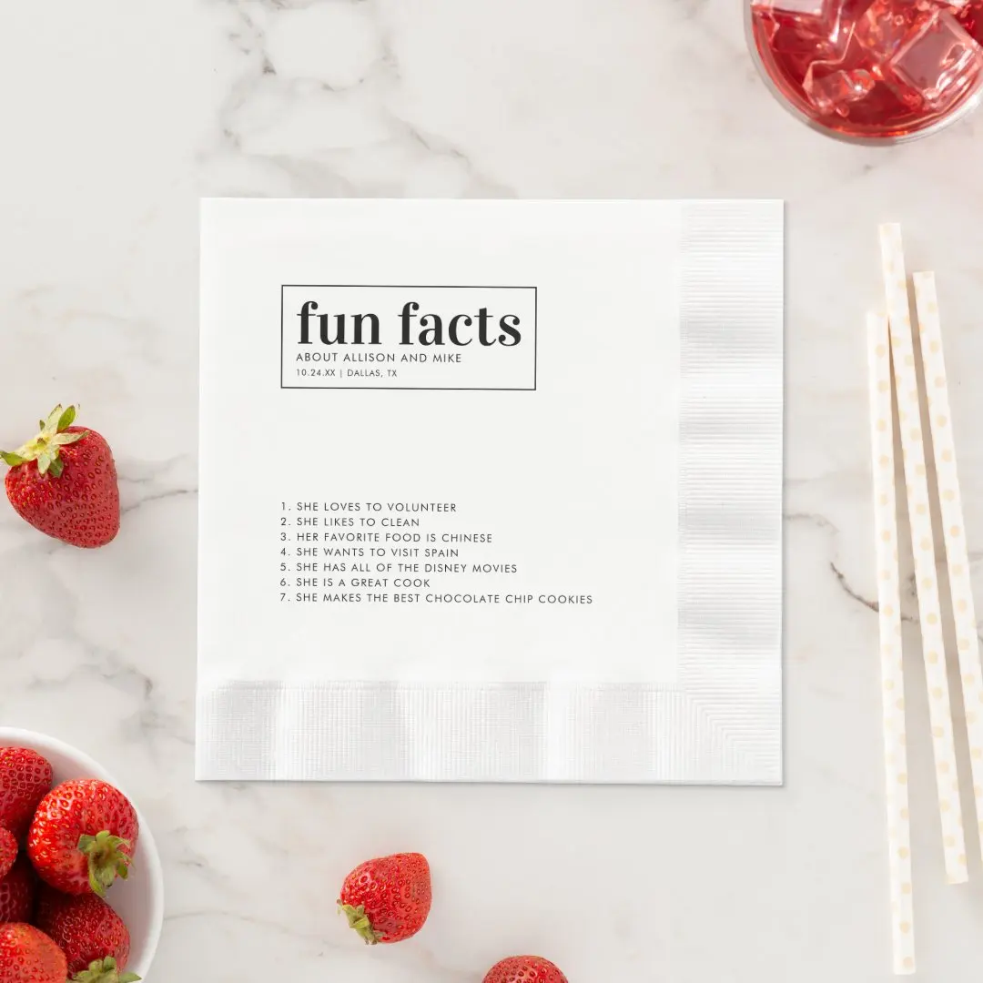 50pcs Personalized Fun Facts Wedding Napkins,Custom Modern Minimal napkin,Wedding Cocktail napkins,Luncheon,dinner napkins