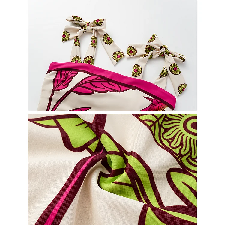 Women Bow-tie Tropical Plant Pattern Printed One Piece Swimsuit Swimwear Bikini Set Beachwear Luxury Bathing Suit