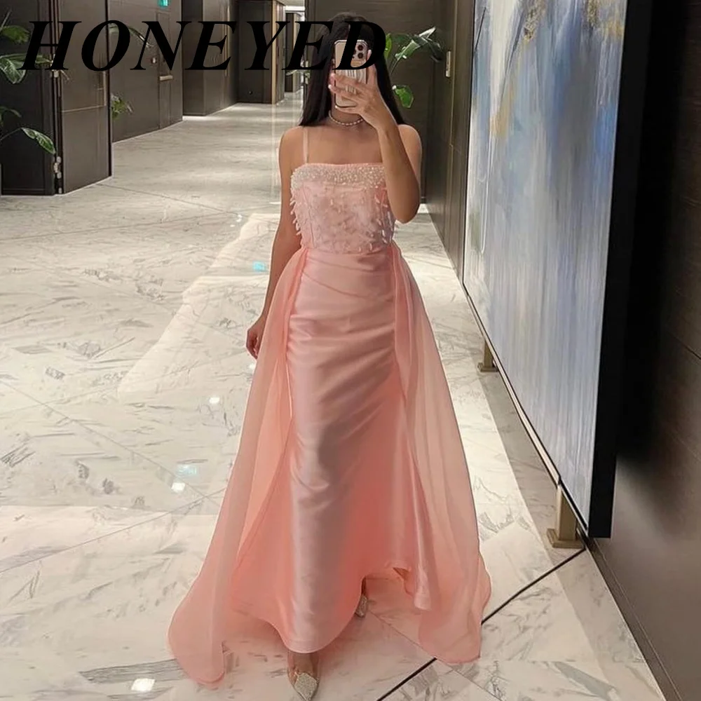 HONEYED 2024 Pink Elegant Spaghetti Strap Beads Prom Gown Satin Long Formal Evening Dresses Floor-Length Party Dress for Woman