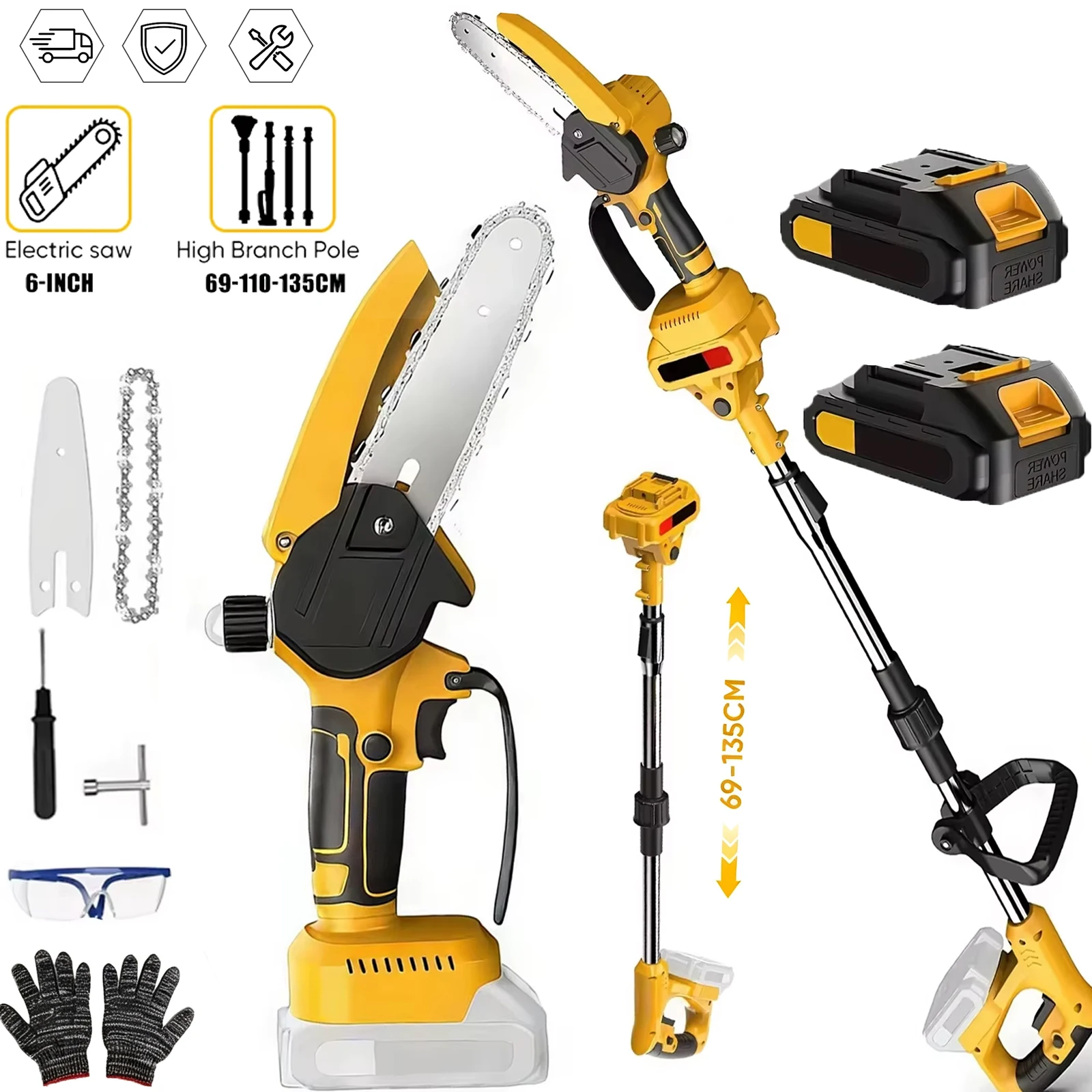 Motosega elettrica con asta telescopica potenziata da 6 pollici, 2 in 1, motosega per rami alti, motosega a batteria per giardinaggio domestico e attrezzatura per potatura e taglio all'aperto,