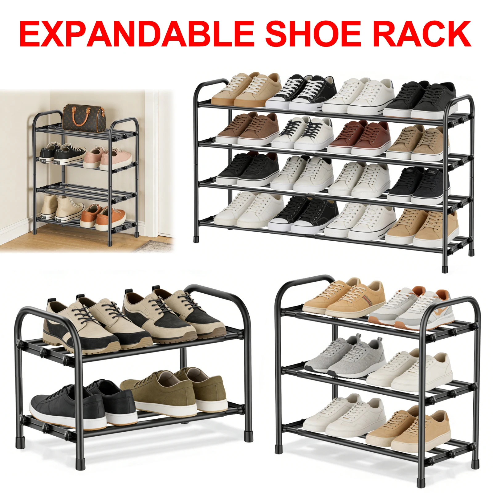 2/3/4-stöckiges erweiterbares Schuhregal aus Metall, frei ausziehbares Schuhregal, platzsparender Schuhaufbewahrungsständer für Eingangsbereich, Flur, Schrank, Zuhause, einfache Montage