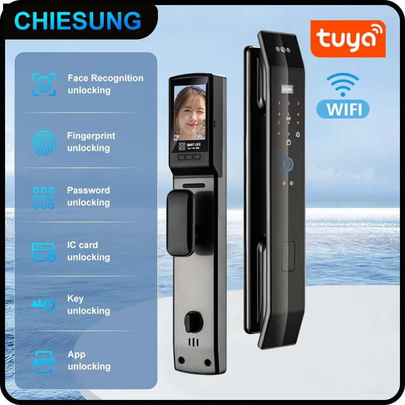 

Smart lock 3D face recognition fingerprint waterproof smart door wifi remote photo capture unlocking with App key NFC RFID Card