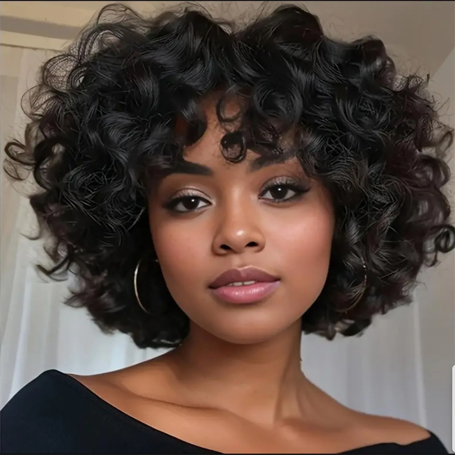 

Curly Wigs for Black Women Soft Short Curly Wig with Bangs Afro Loose Curls Human Hair Wig for African American Women