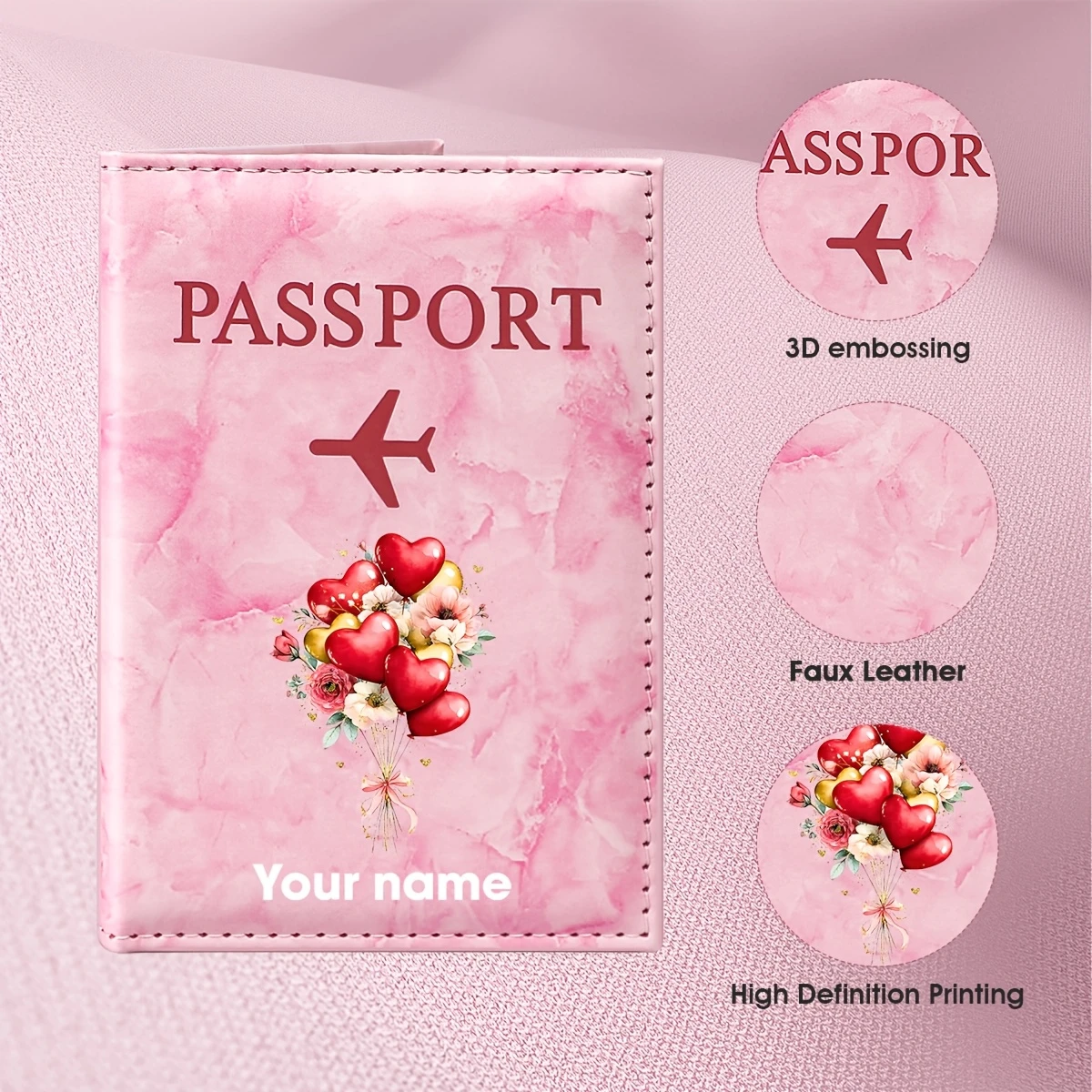 

Personalized Name Heart Bouquet Romantic Design PU Passport Holder,Featuring a Warm And Sweet Visual Theme with Red Heart Shapes