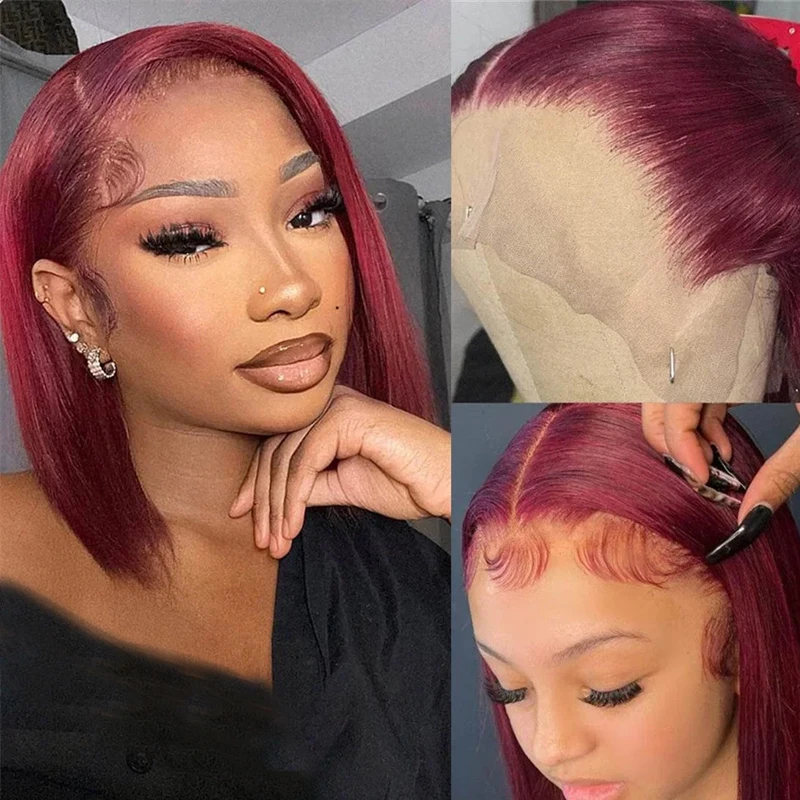 99J Color Bob Wig Human Hair 13x4 HD Lace Frontal Short Straight Lace Front Bob Wigs for Black Women Human Hair Pre Plucked 200% Density Wine Red 99J Burgundy Color 14 Inch - view 4