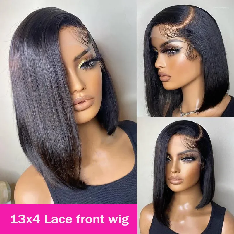 13x4 em linha reta laço frontal bob peruca pré arrancado 100% perucas de cabelo humano brasileiro remy osso em linha reta curto bob peruca para mulher 14 Polegada