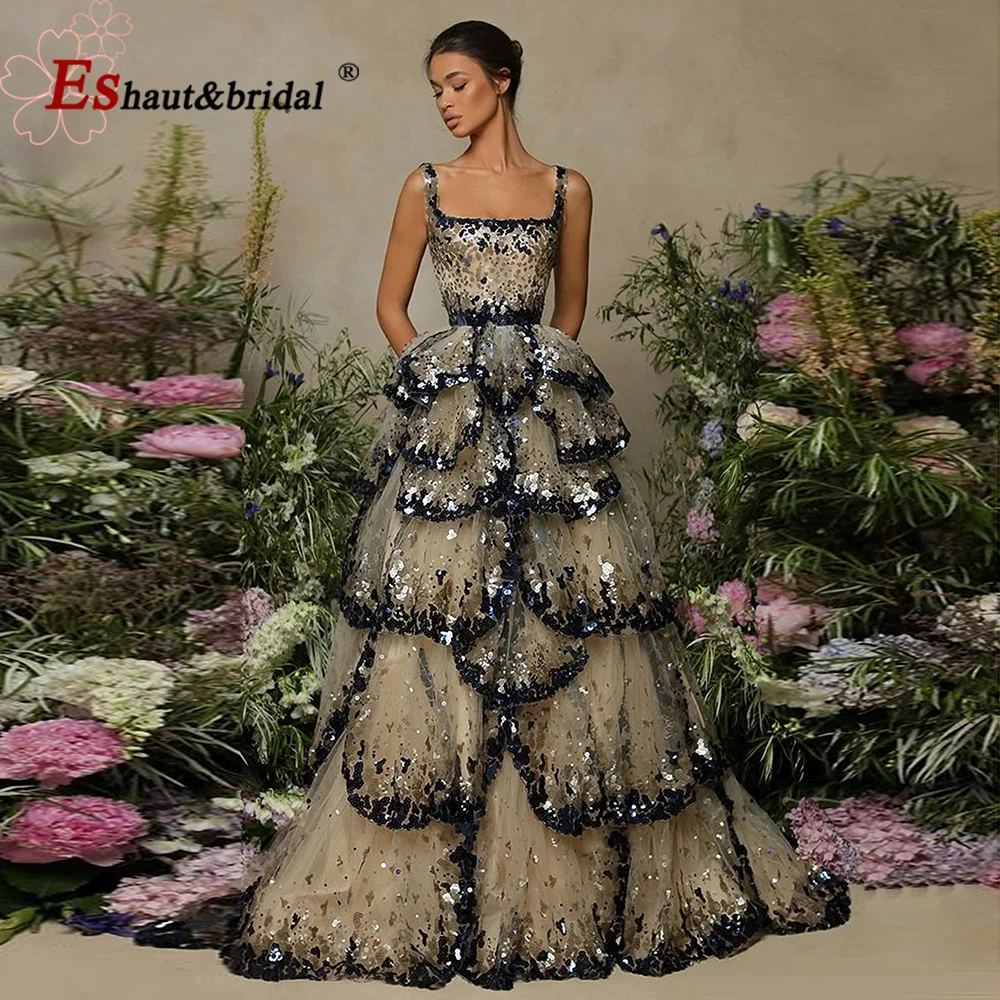 Luxury Dubai Aline Evening Dress for Women 2024 Sequin Tiered Ruffles Elegant Long  Formal Prom Wedding Party Gowns Customized