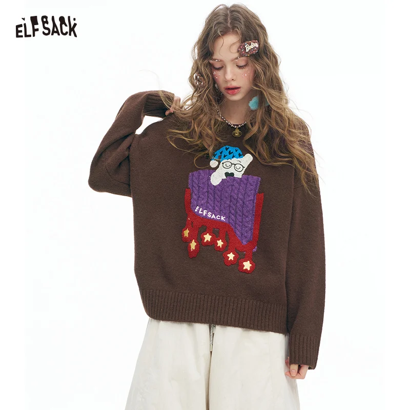 

ELFSACK 2025, зимние новые поступления, Y2K, элегантный минималистичный однотонный свитер с круглым вырезом и рисунком для спящей собаки для женщин