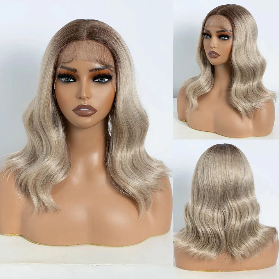 Synthetische Lace-Front-Perücken für Frauen, gewellt, 35,6 cm, kurzer Bob, T-Teil, Spitzenperücke, Ombre-Blond, Braun, Cosplay-Perücke, FREIHEIT-Perücke