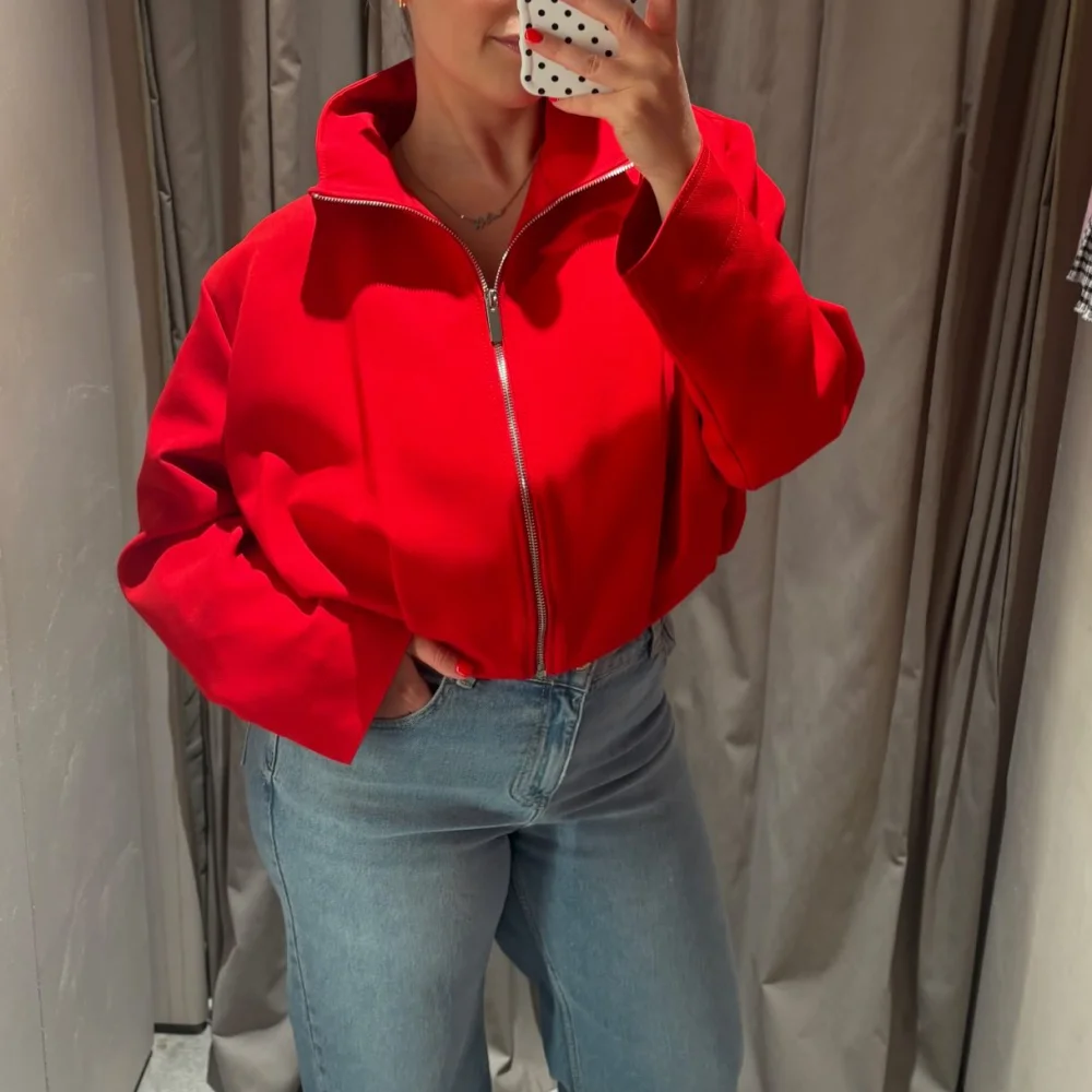 Womens Fashion Solid High Neck Zip Up Crop Jacket Loose Drop Shoulder Short Coat Casual Activewear Outfits Base Layer Tops