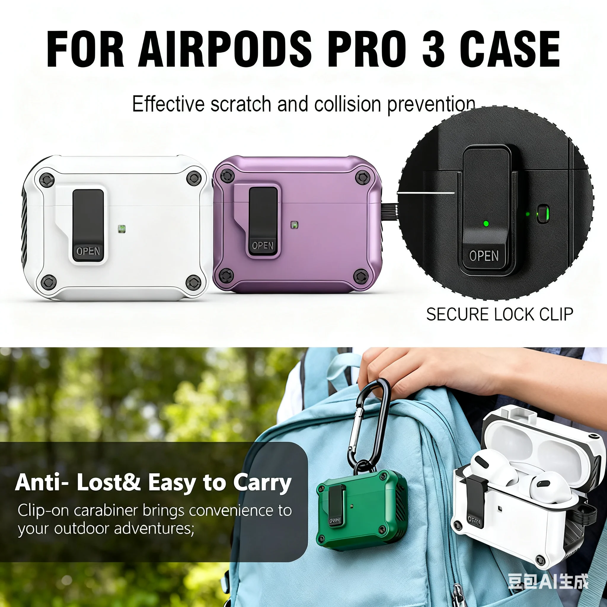 

For Airpods Pro 3 PC Protactive Case With Security Lock Pure Color Simple Design Shockproof Cover Headphone Cover With Keychain