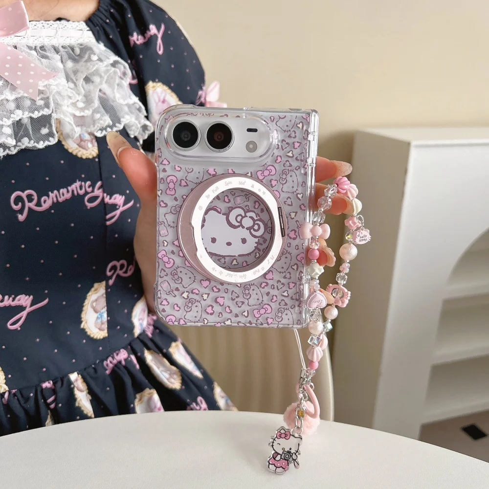 Fashion Korean Ins Cute Cartoon Cat Leopard Print Magnetic Phone Case for iPhone Duo Cover, with MagSafe Holder And Charm Kawaii