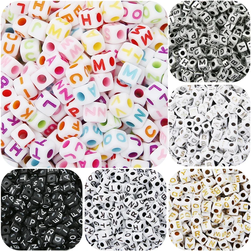 100szt Kwadratowe Koraliki z Literami 6x6mm Akrylowy Alfabet Mieszane Kostki do Robienia Bransoletek DIY — zdjęcie 2