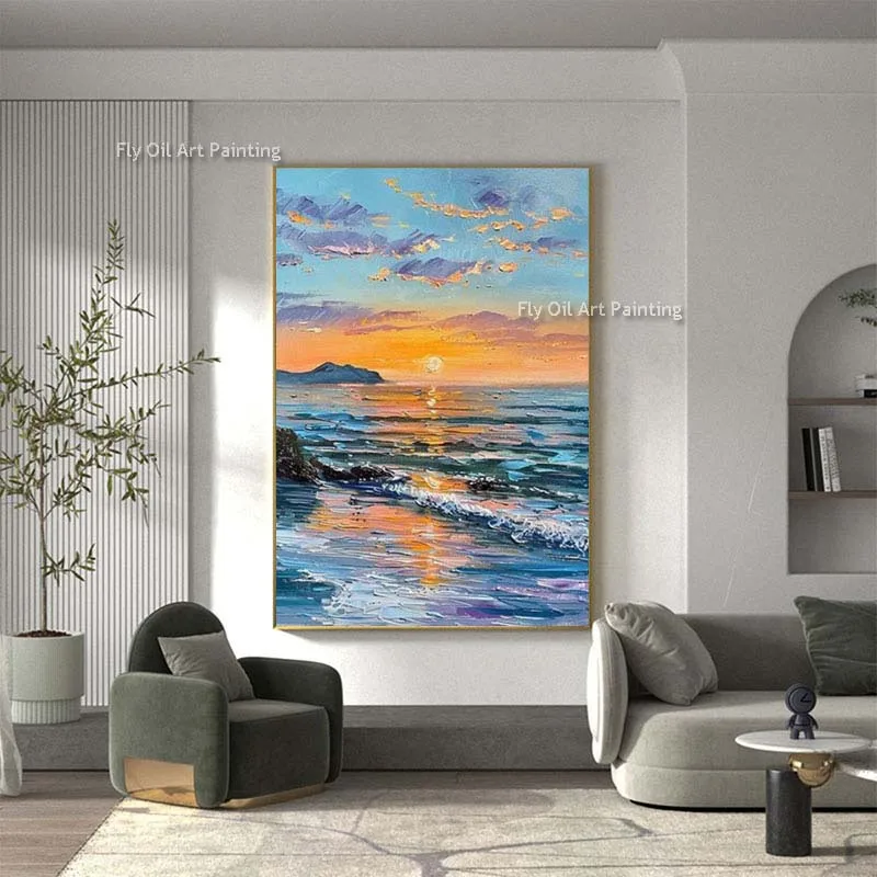 

Ocean Oil Painting On Canvas Sunrise Seascape Sunset Wall Art Original Acrylic Heavy Texture Painting Framed Handmade Home Decor