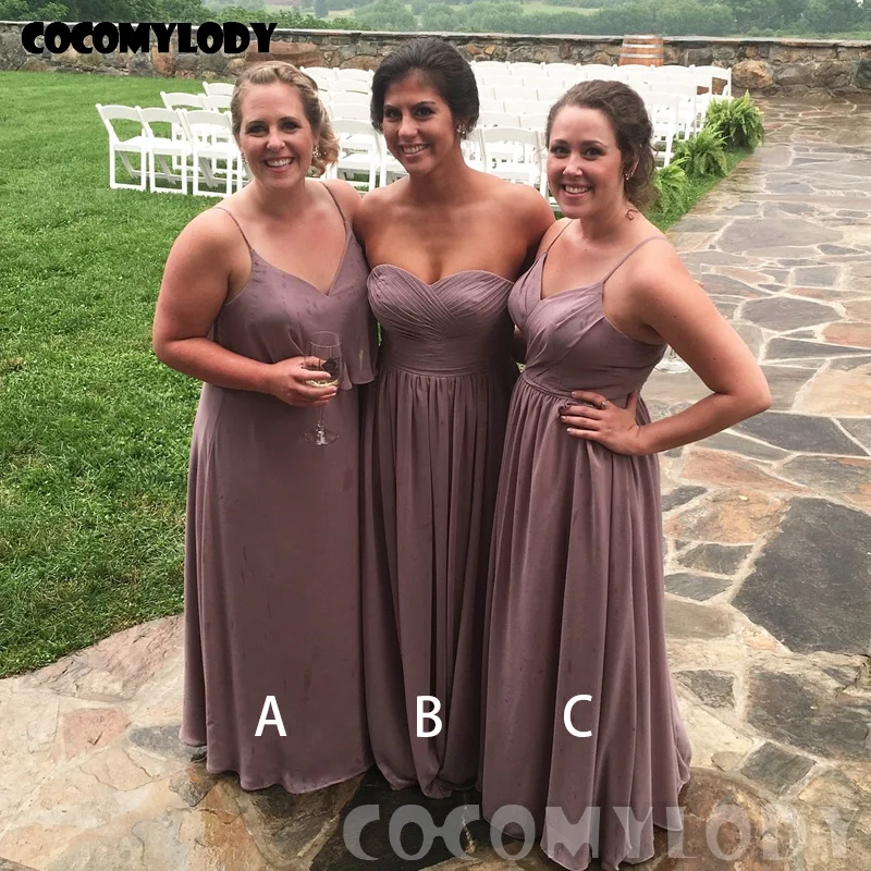 

CocoMylody Custom Made A-Line Long V-Neck Sleeveless Floor Length Chiffon Bridesmaid Dresses With Padding and Boning for Wedding