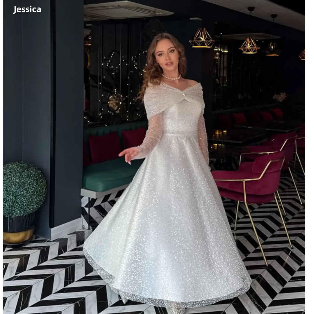 

Jessica Exquisite White Evening Dresses Glitter Tulle Sequins Prom Dresses Off-shoulder And Ankle Party Dresses Customized