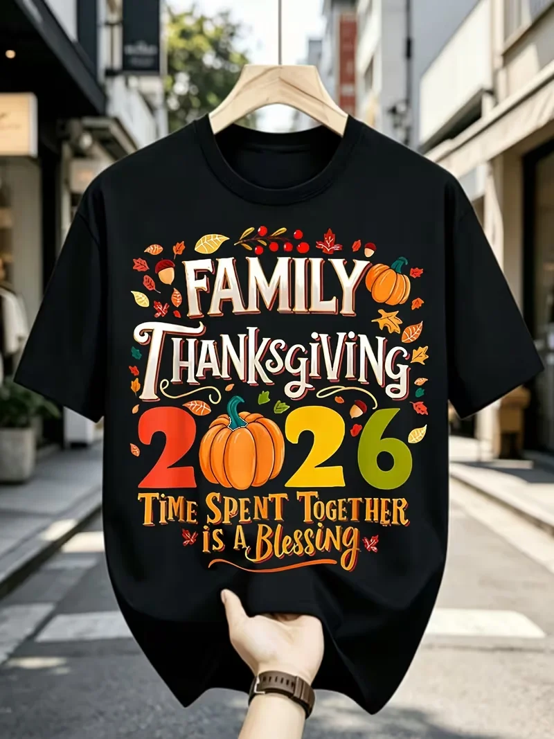 [Multicolor Printed Short Sleeve]2026 Family Thanksgiving T-Shirt Celebrating the Joy of Being TogetherAutumn Har Design T-Shirt with Vibrant Pumpkin and Leaf Pattern Casual Crew Neck T-Shirt Perfect for Fall Celebrat, PLUS SIZE