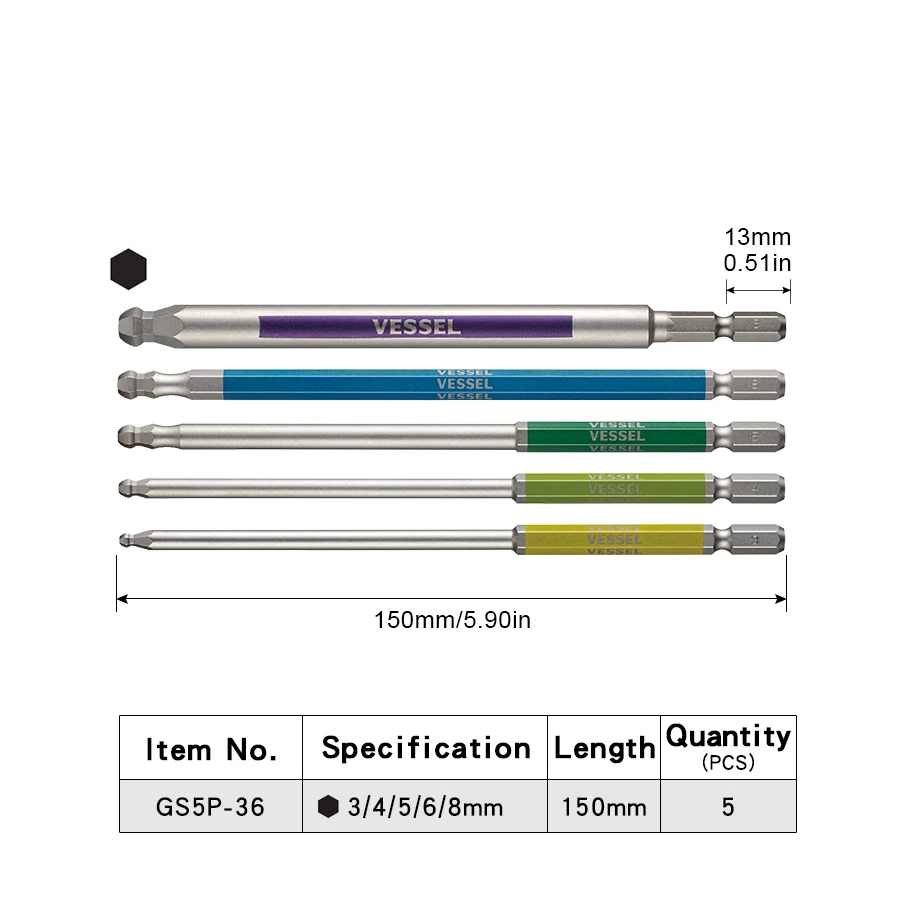 VESSEL GS5P Series Screwdriver Bit Set 5Pcs Single End Ball Point Hex Bits Magnetic Bits 62HRC Construction Screwdriver Bits