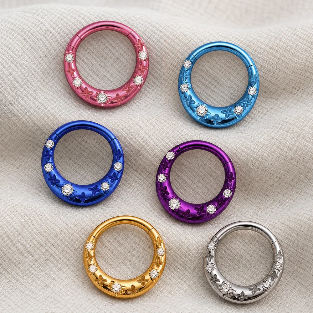 ASTM F136 Titan Mondform Facettierter Edelsteinring Eloxiert Modischer Körperschmuck Tragus Helix Nasenpiercing Ring – Detail 7