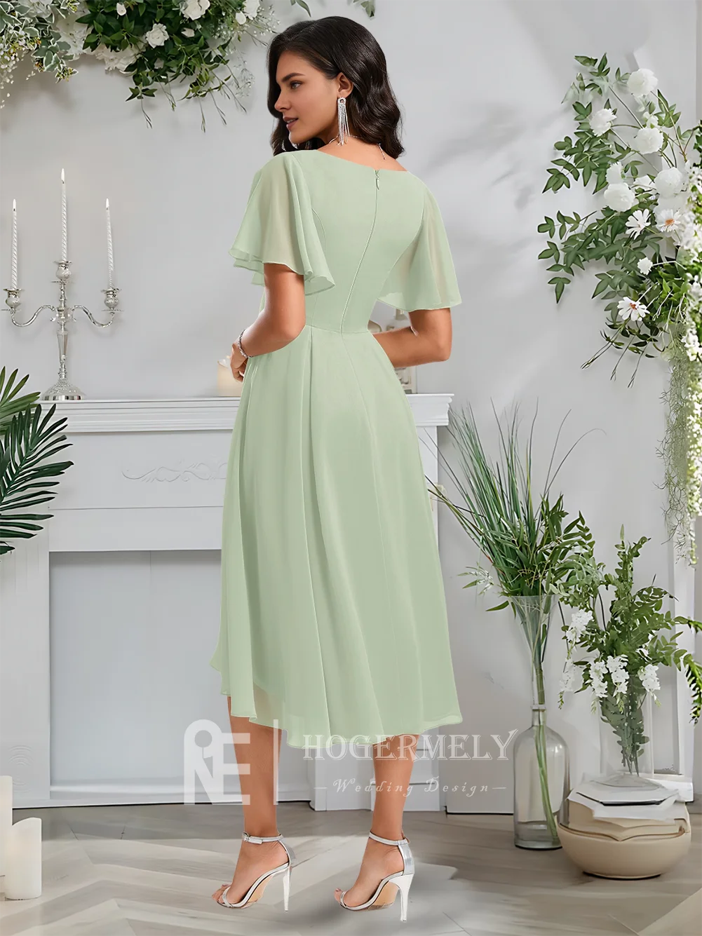 

B Celadon A-Line V-Neck Bridesmaid Dresses Asymmetrical Chiffon With Ruffle Short Sleeve For Wedding Party Guest Dress