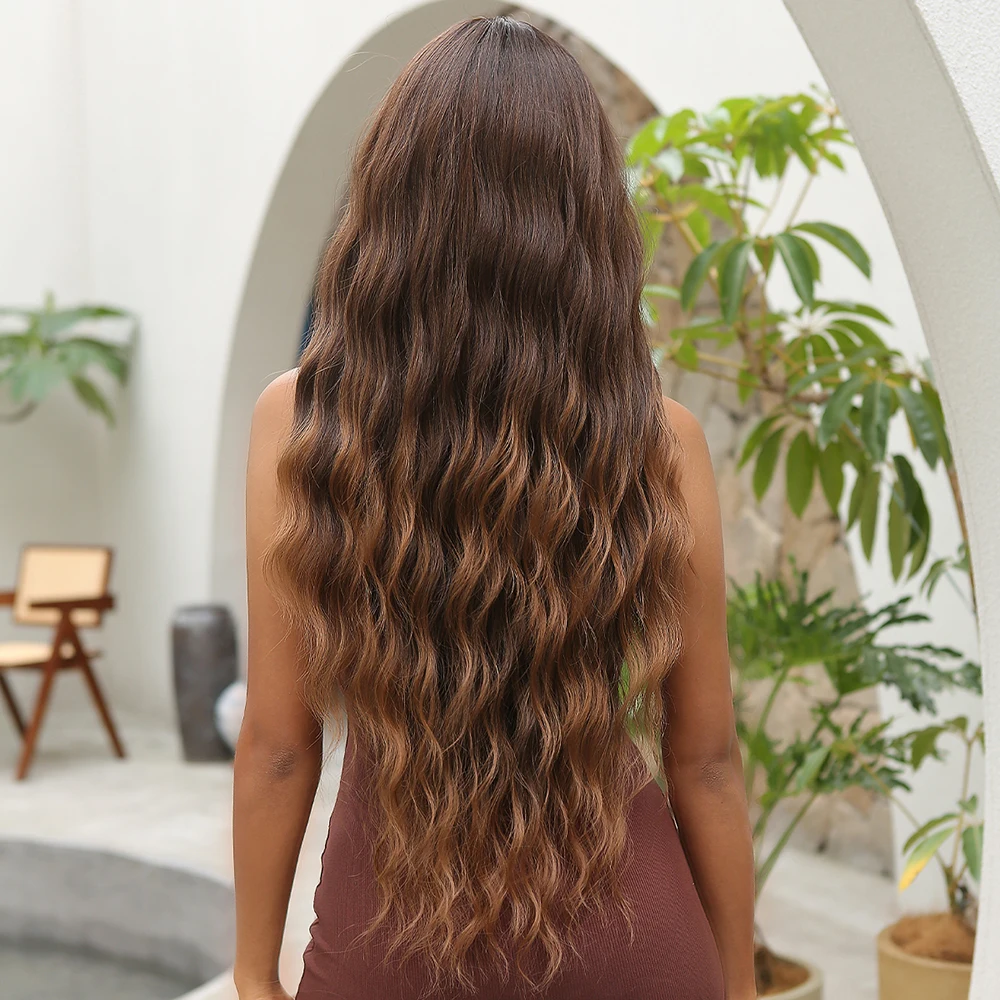 Easihair Lange Brown Blond Ombre Synthetische Pruiken Diepe Golf Cosplay Natuurlijke Haar Pruik Met Pony Voor Vrouwen Hittebestendige pruik