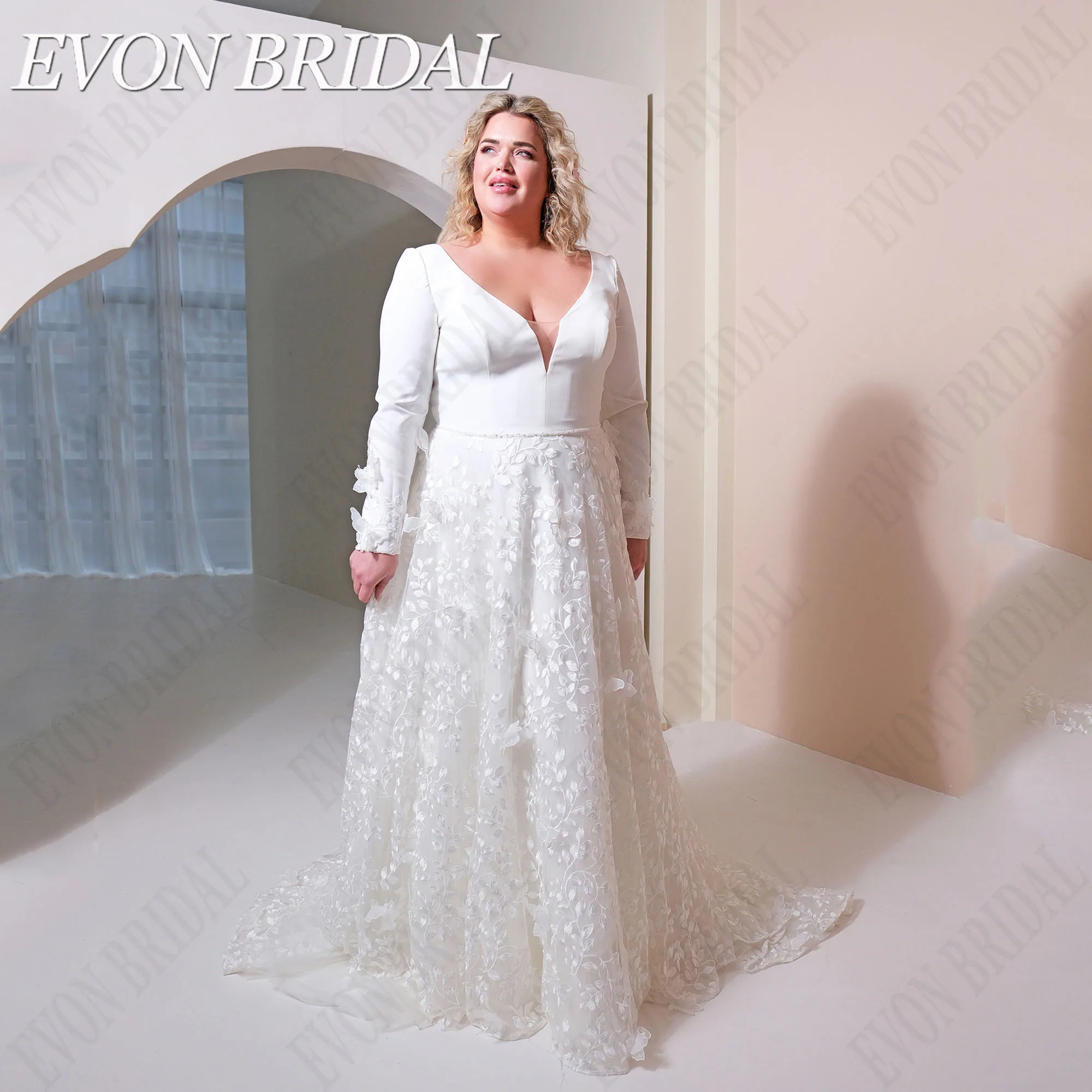 

EVON BRIDAL V-Neck Satin Wedding Dress Plus Size Long Sleeves Applique A-Line Luxury Bride Gowns Beading Custom Made Woman