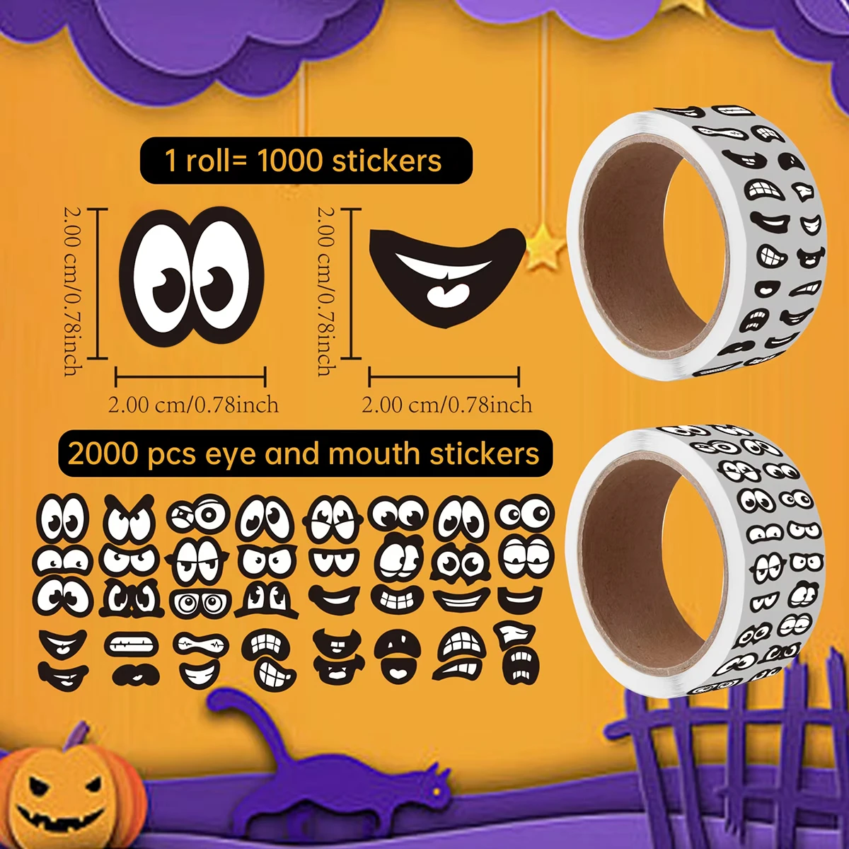 2000 PCS Mini Black Eyes and Mouth Stickers for Halloween DIY, Self-Adhesive Vinyl Labels for Scrapbooking, Journals.