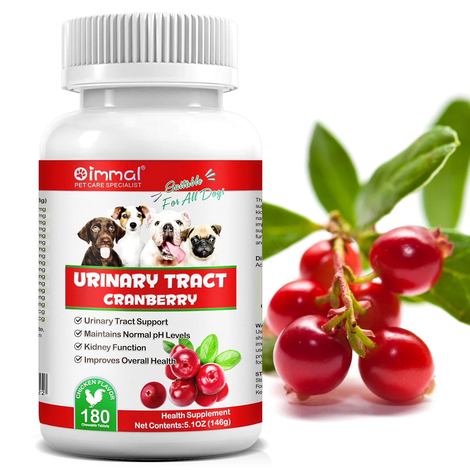 Cranberry Canine Care Optimal Urinary Tract Support for Dogs Enhancing Kidney Function with Chicken Flavor 180 Chewable Tablets