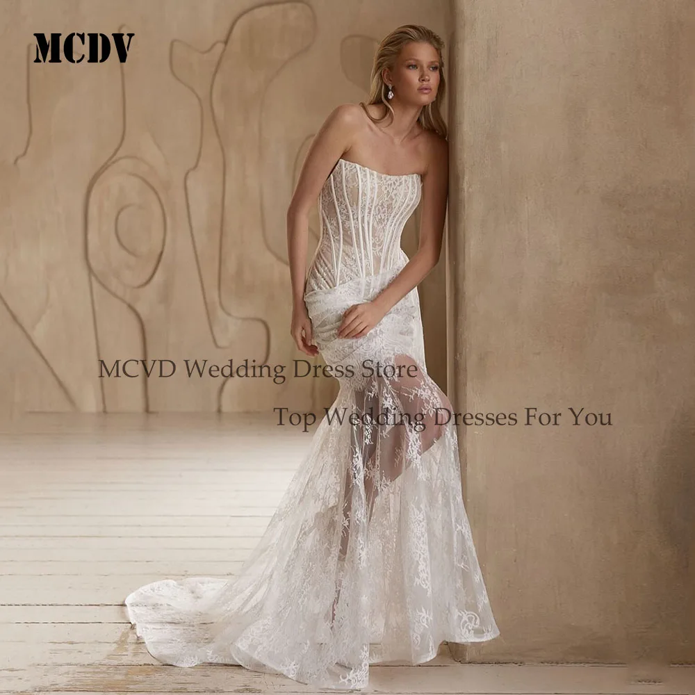 

MCDV Gorgeous Lace Appliques Sheath Wedding Dress Sleeveless Mini vestidos de novia Detachable Train And Sleeves Customized