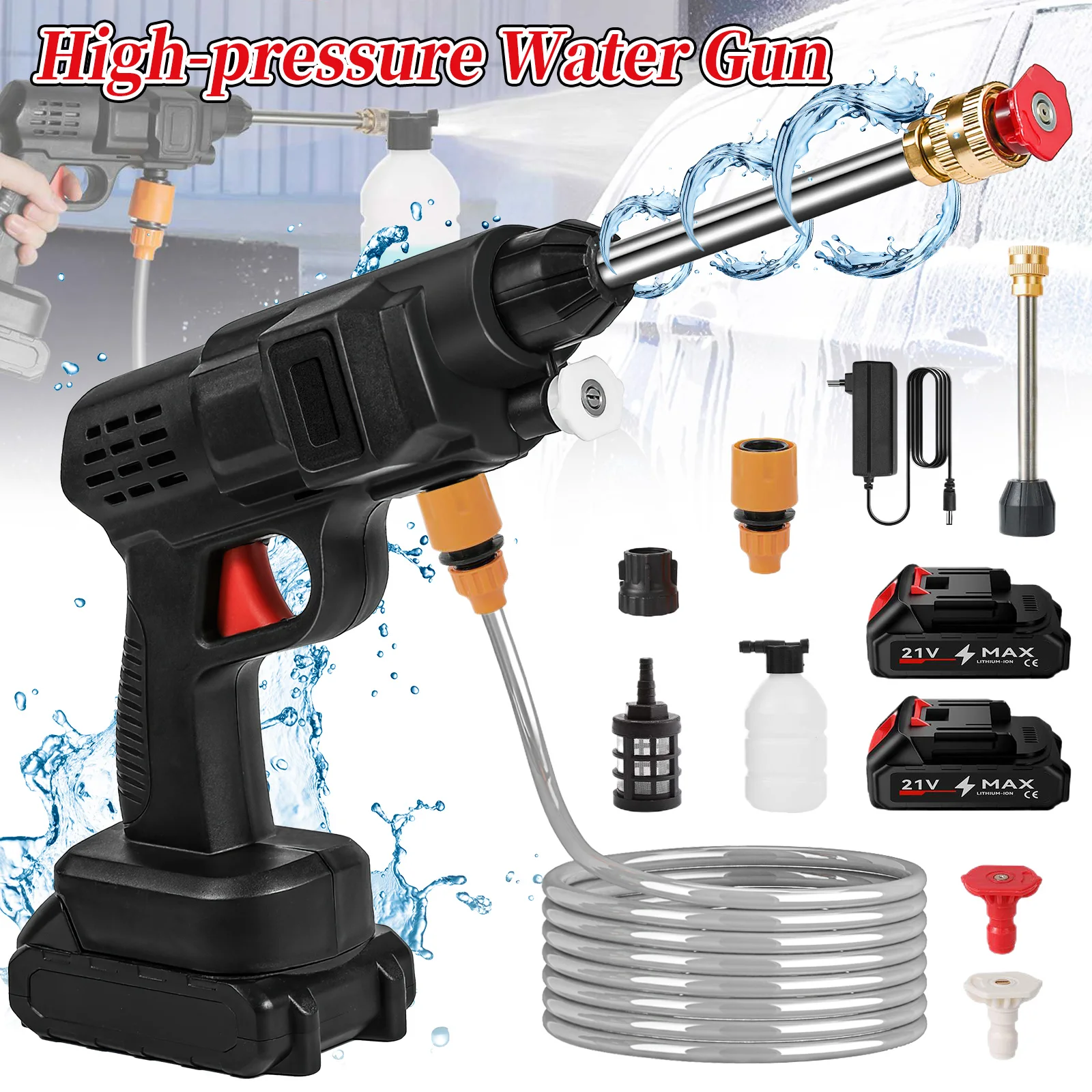 Nettoyeur de voiture sans fil 21V à batterie lithium, pistolet à eau électrique haute pression à double batterie avec débit de 5L/min et 20BAR, 2 options de source d'eau (seau/bouteille), tuyau de 5M, moteur en cuivre