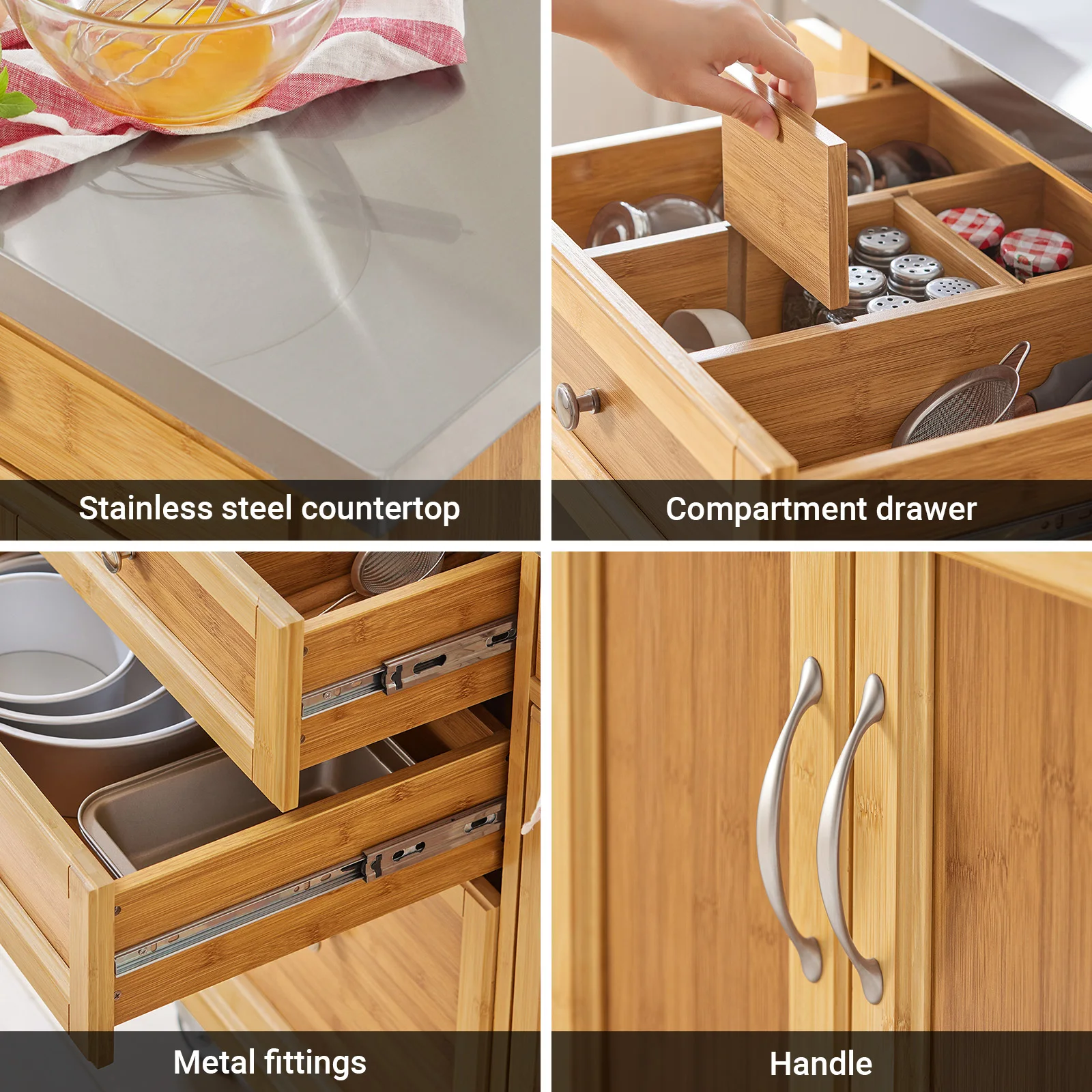 SoBuy FKW70-N Kücheninsel auf Rollen mit Edelstahl-Arbeitsplatte und Schubladen, Barwagen Natur 115x92x46cm – Detail 10