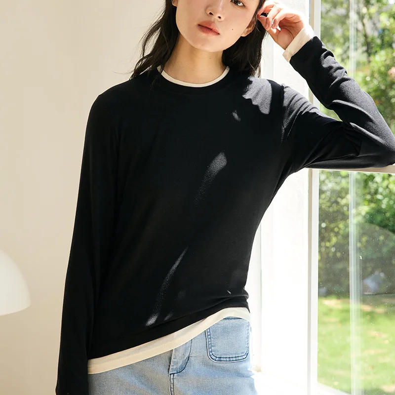 Women's T-Shirts Korea Stylish Autumn Warm Winter Full Sleeve Layer Tops Fake Two-Pieces Basic Undershirt Knitwear Outwear C5885