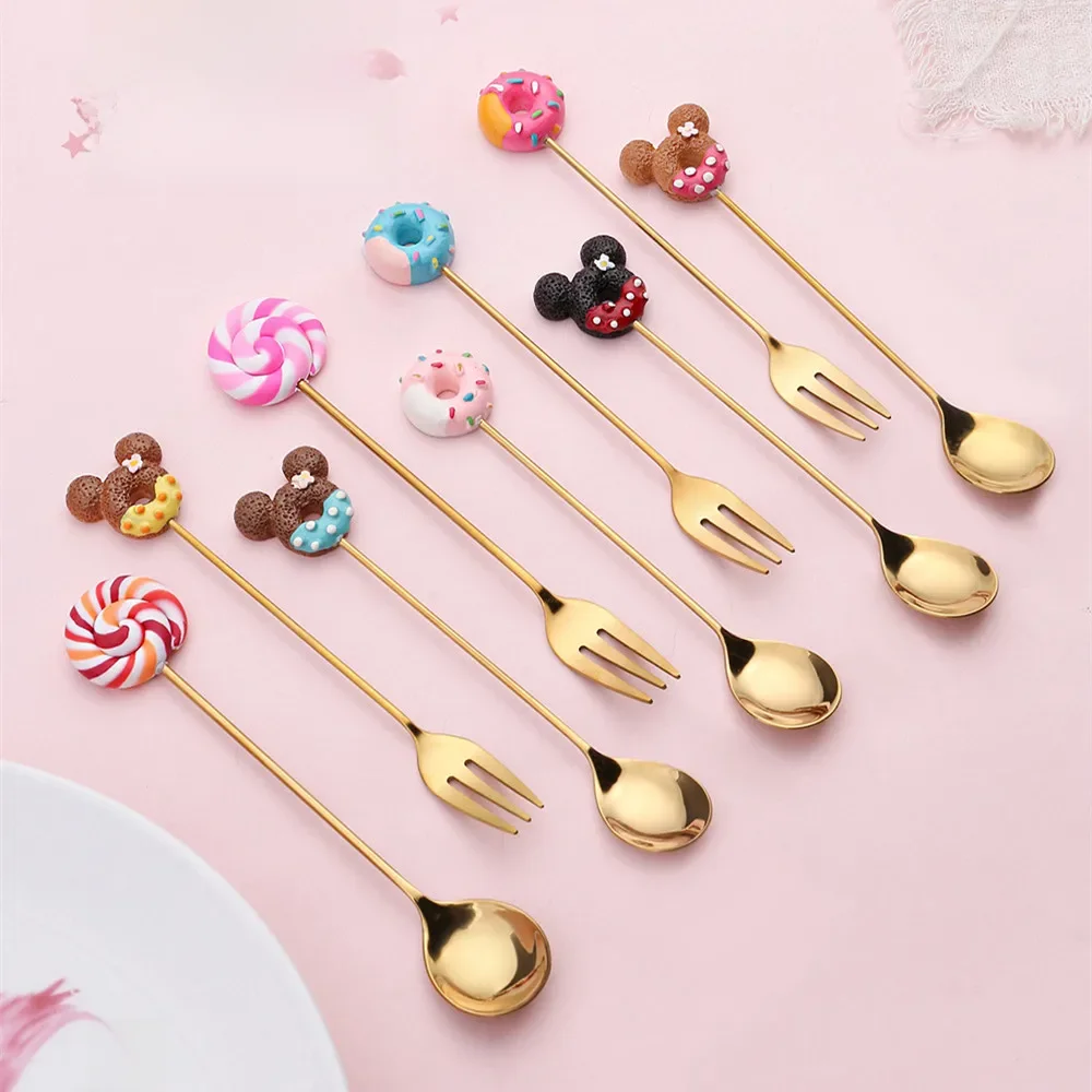 Disney Anime Mickey Mouse fourchette cuillère Kawaii sucette beignet vaisselle dessin animé Dessert cuillère fourchette remuant cuillère enfants cadeaux