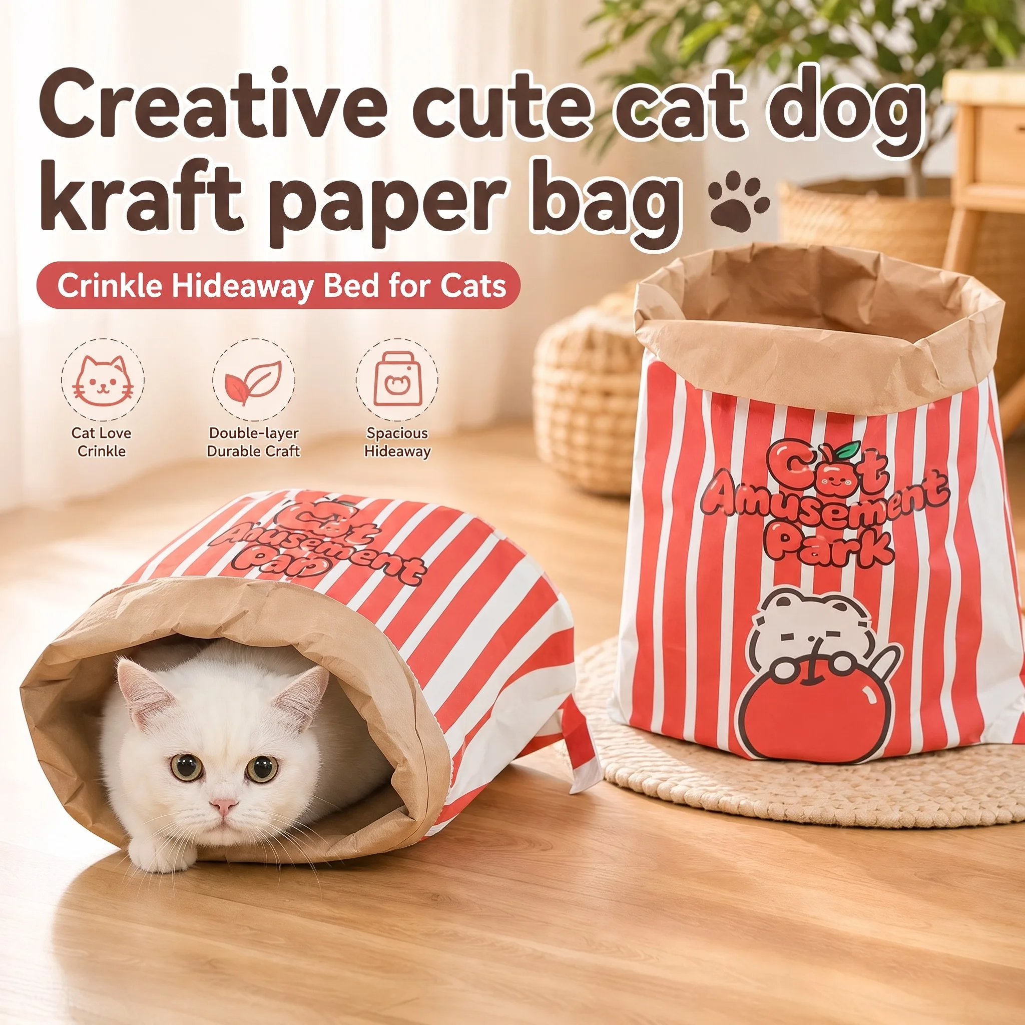 Creative Cute Pet Cat Dog Interactive Hidden Food Puzzle Toy Kraft Paper Bag Stress Relief Crinkle Sound Chew Toys Durable Safe
